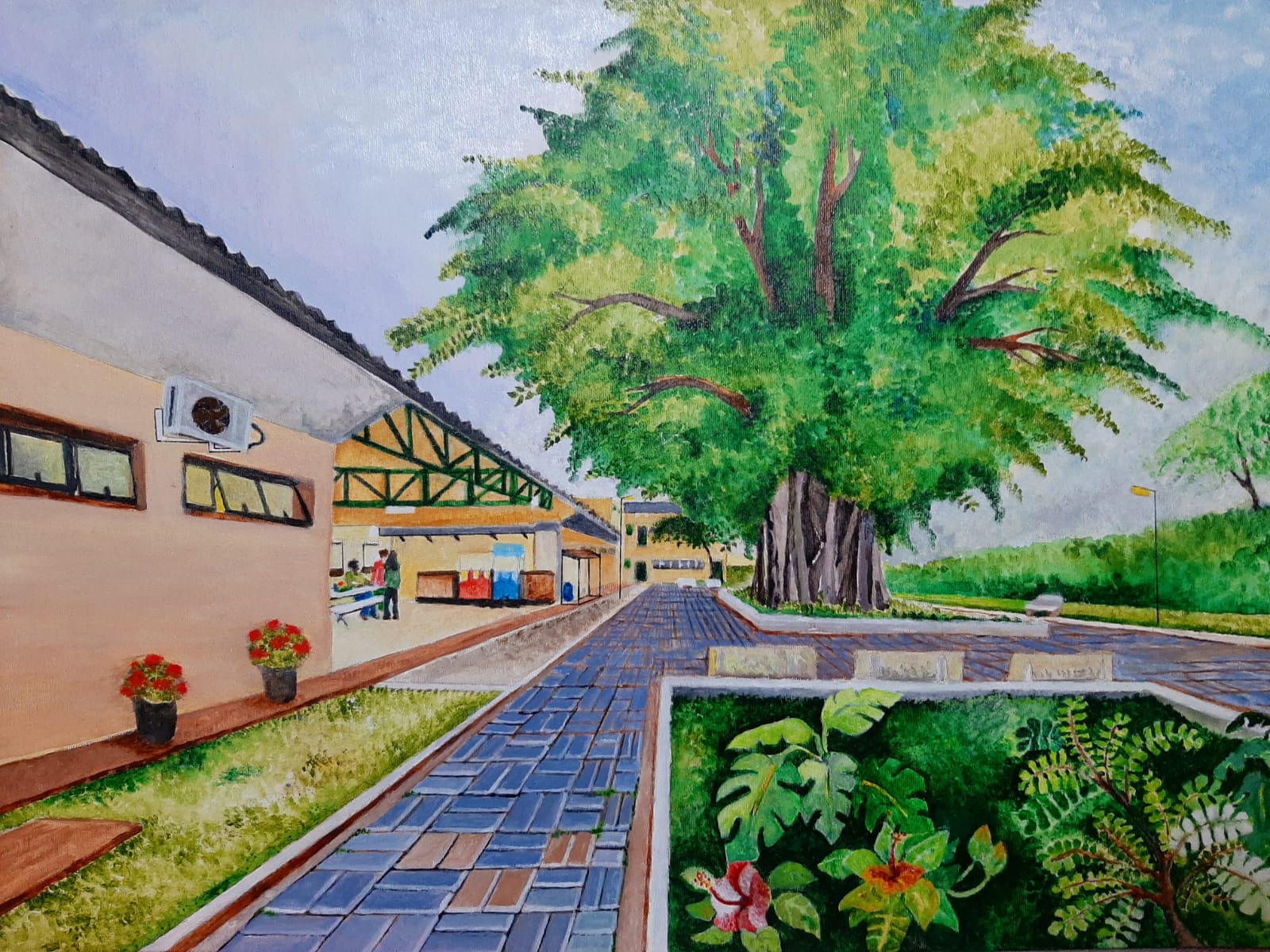 Quadro IFSP Hortolândia: retrato do IFSP do campus Hortolândia, à esquerda o pátil, na direita uma árvore enorme se destaca em meio a um ambiente aberto com caminhos e plantas diversas