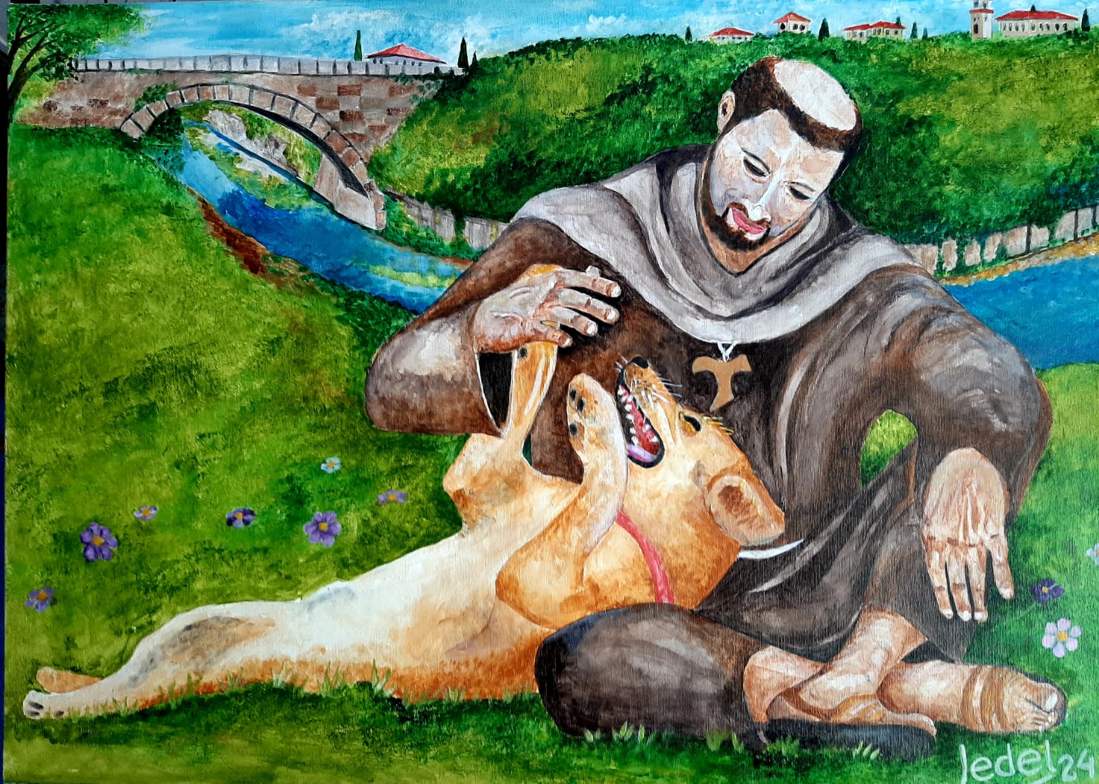 San Francesco D’Assisi e Il Suo Cane: São Francisco de Assis sentado na grama brinca com um cachorro deitado em seu colo, ao fundo tem uma ponte levando a uma cidade