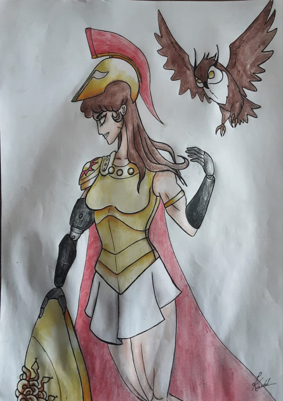 Athena cotoca: mulher com armadura grega segurando um escudo, uma coruja voa junto a ela, não tem pernas